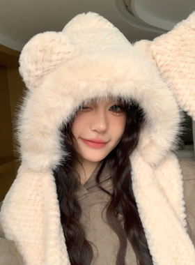 NEXTKISS小熊毛绒帽子围