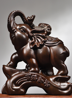 木雕大象摆件一对实木福禄如意象