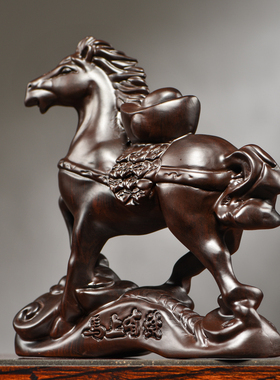 黑檀木雕马上有钱摆件新中式实木