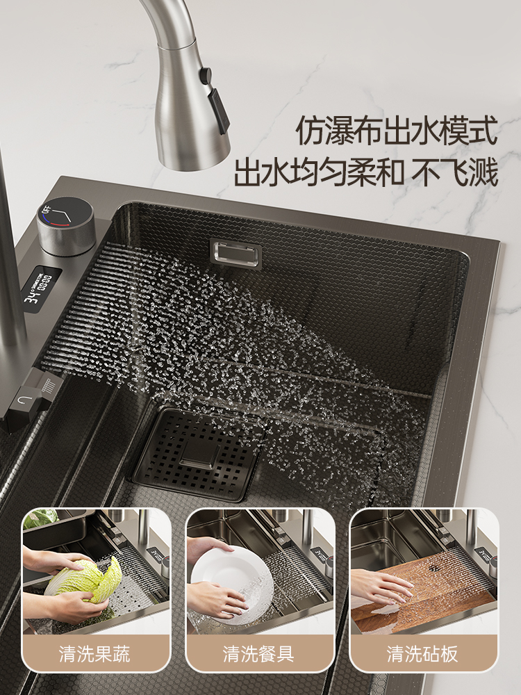 MOJU-995纳米釉面厨房瀑布水槽大单槽304不锈钢洗菜盆带龙头 - 图1