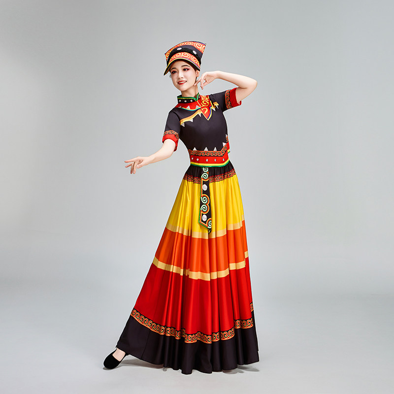 新款彝族七彩大摆裙彝族火把节演出舞蹈服彝族舞蹈民族风表演服装