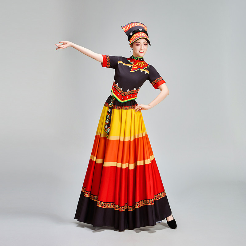 新款彝族七彩大摆裙彝族火把节演出舞蹈服彝族舞蹈民族风表演服装