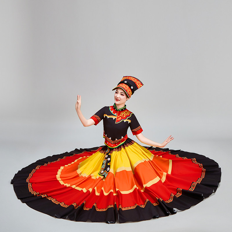 新款彝族七彩大摆裙彝族火把节演出舞蹈服彝族舞蹈民族风表演服装