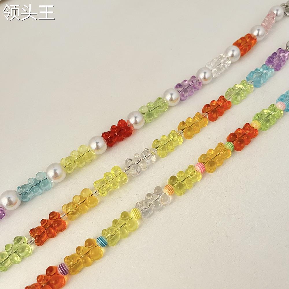 韩国东大门新款INS风彩色小熊串珠防丢手提挂绳手拎时尚链手机链