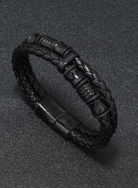 跨境电商热销款黑色皮绳男士双层