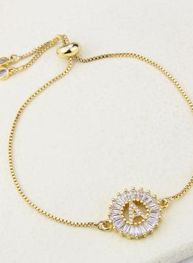 INS欧美小号26个字母链条手链现货直供镀金圆形锆石铜手环定制