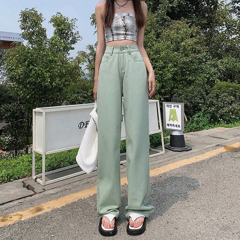 阔腿裤女牛仔裤秋季新款宽松高腰直筒显垂感粉色拖地裤新塘定制
