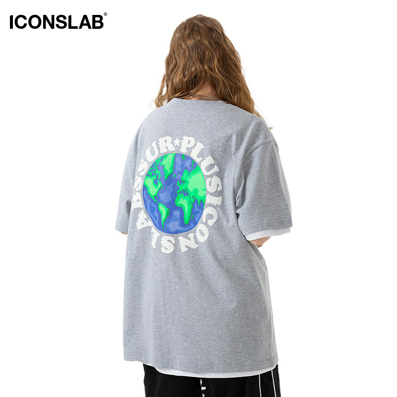 【曹曦月同款】ICONSLAB 涂鸦地球短袖印花情侣潮牌T恤男女同款夏 - 图1