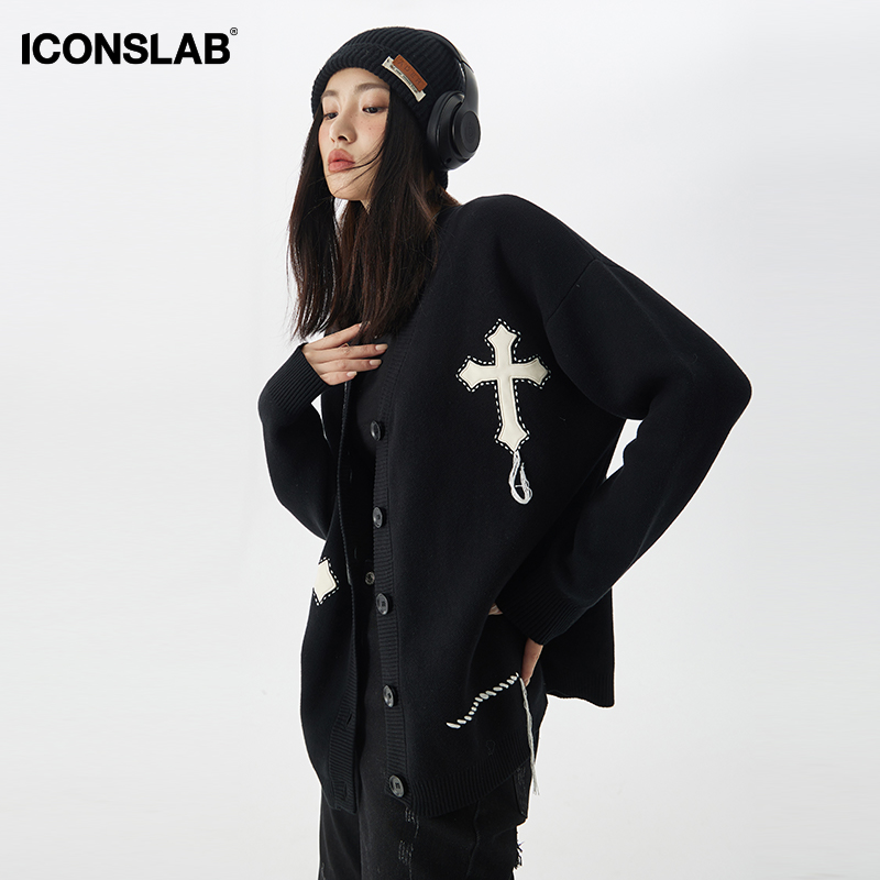 【张云雷同款】iconslab V领针织开衫十字提花毛衣男女同款潮春季