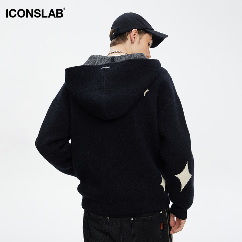 iconslab 十字星连帽毛衣情侣男女同款秋冬慵懒休闲针织开衫外套 - 图0