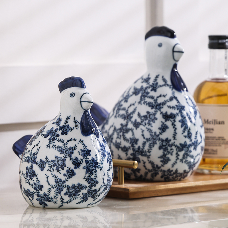 新品青花瓷陶瓷对鸡摆件客厅饰品陶瓷摆件吉祥鸡中式风可爱对鸡