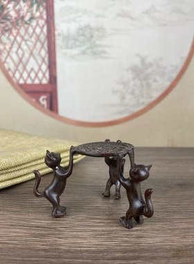仿古三猫盖置摆件小号茶道香炉铁壶三只小猫日式壶盖托架工艺品