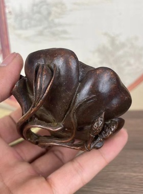 古玩收藏铜器复古鎏金老包浆莲花荷叶笔洗家居摆件铜器古董收藏