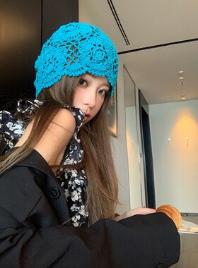 粥可可手工编织蓝色镂空堆堆帽女