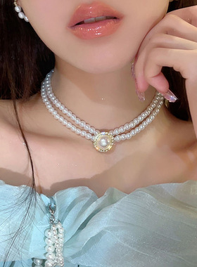 轻奢珍珠项链女水钻颈链高级感