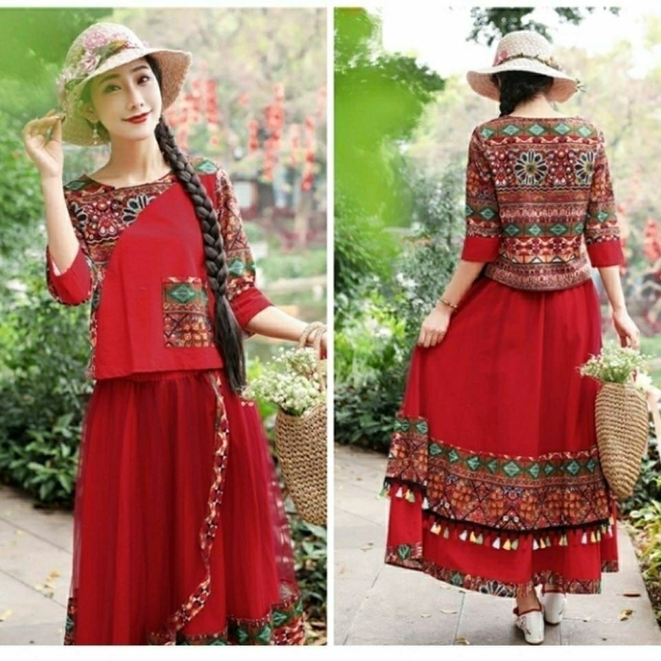 民族风两件套棉麻女装春秋夏新款t恤上衣+网纱流苏半身裙舞蹈套装