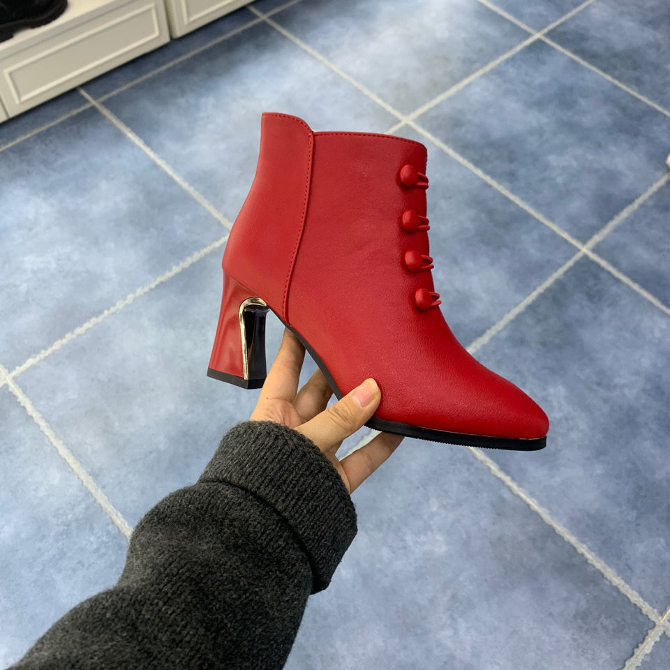 真皮2022新款红色粗跟女士加绒靴子秋冬短筒马丁靴侧拉链低跟皮鞋