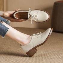 Hong Kong Lacing Single Shoe Woman 2023 Fall New College Wind Round Head Working Shoes 100 Hitch Leather Shoes Woman Coarse Heels