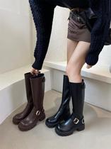 Tide Card Coarse Heel Boots Long Drum Boots Woman 2023 Autumn Winter New Soft Leather Comeback Ancient Thick Bottom Slim Slim Rider Boots