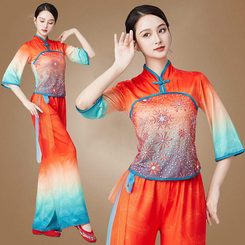 新款广场舞古典中老年扇子舞演出服舞蹈秧歌服装套装 - 图0