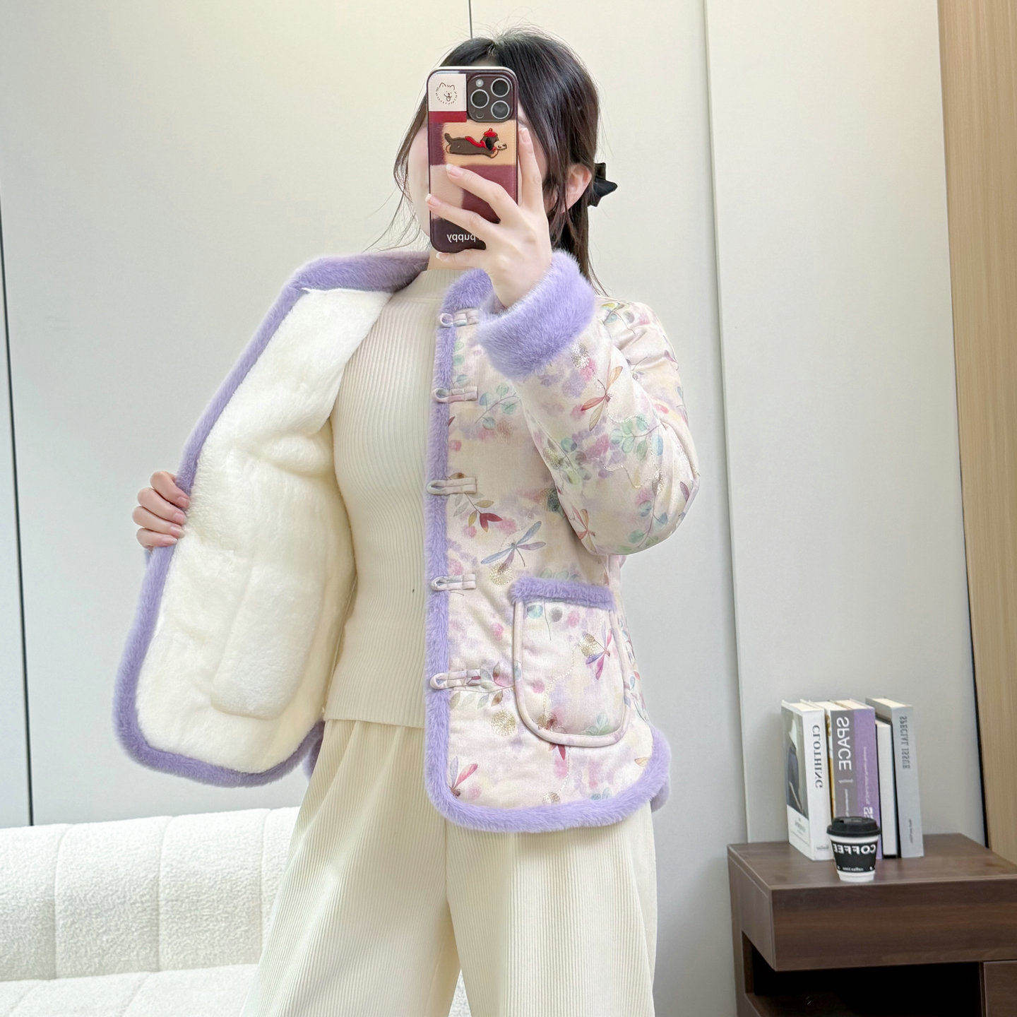 新中式国风立领珍珠扣碎花棉服女2025冬季加绒加厚洋气毛绒领棉袄,淘宝优惠券,粉丝福利购,淘宝优惠卷