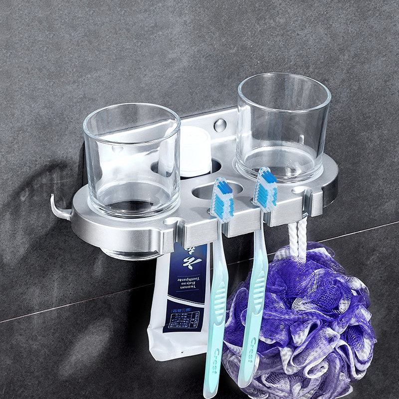 免打孔牙杯架漱口杯牙刷架套装浴室卫生间牙杯架子太空铝酒店双杯