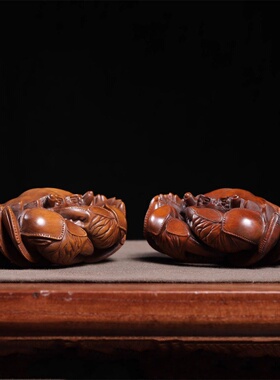 旧藏小叶黄杨木雕八方来财公母螃蟹古玩办公室桌面摆件家居装饰品