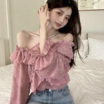 Design Sensation Lace Breaking Flower Lining Woman 2023 Chunqiu Autumn Lotus Leaf Side Lined with Shoulder Method Snow-spinning Cardigan