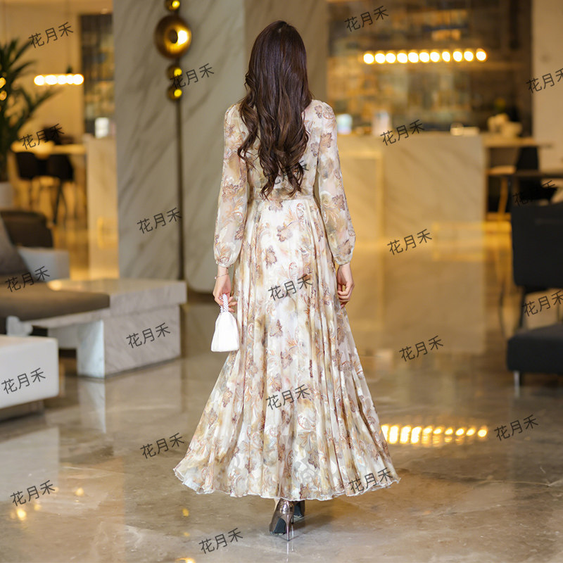 2025年春秋冬长袖印花大摆连衣裙收腰显瘦沙滩度假长裙雪纺裙子,淘宝优惠券,粉丝福利购,淘宝优惠卷