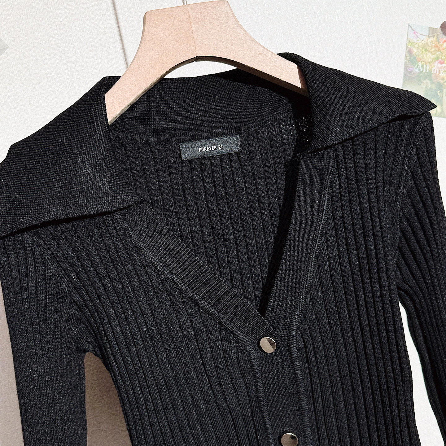 拉夏贝尔春新款黑色长袖v领针织开衫女喇叭袖上衣内搭气质打底衫,淘宝优惠券,粉丝福利购,淘宝优惠卷