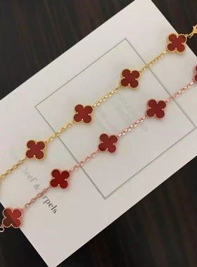 四叶草18k金玫瑰金黄金红玉髓黑玛瑙白贝母女指环镶钻无钻手链女