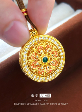 越南沙金新款镶钻宝相花如意吊坠复古高级感可转动花开富贵锁骨链