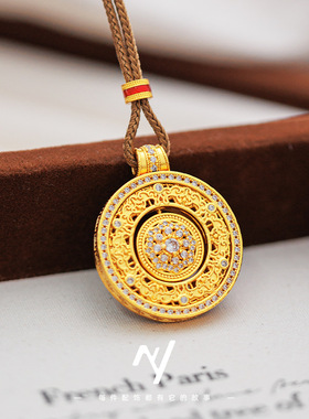 越南沙金镶钻镂空花丝金店款可旋转福报团花圆盘吊坠项链女