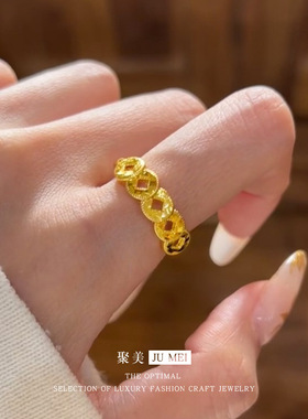 碎碎冰铜钱戒指女新中式招财五帝钱币越南沙金开口可调节指环