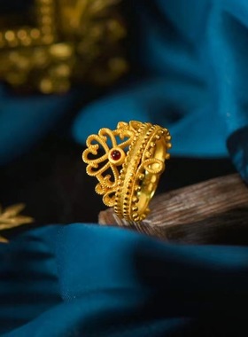 越南沙金皇冠戒指女款气质首饰黄金开口锡金戒指闺蜜生日礼物