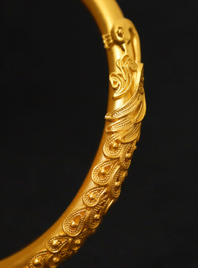 越南沙金古法龙凤呈祥传承手镯女士复古嵌丝孔雀镀金贵妃镯首饰