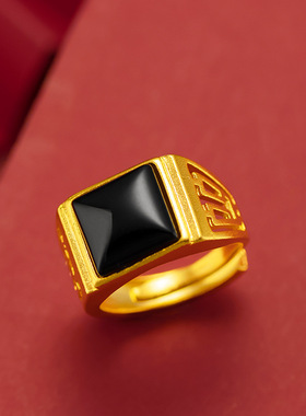 金版黄镀金宝石戒指男款久不掉色复古镶嵌天然玉髓玛瑙戒指活口