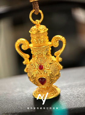 錾刻宫廷风红宝石琉璃聚宝瓶越南沙金吊坠长款仿真黄金毛衣链挂坠