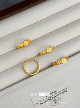新中式素圈越南沙金小福袋戒指黄金色简约氛围感通勤时尚复古指环
