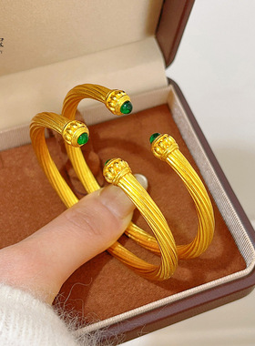 金店同款沙金拉丝星河流光手镯绿色南瓜头镯子精致复古送女友礼物