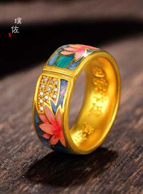 新款久不掉色宫廷古法莫奈睡莲沙金戒指女拍平珐琅工艺锡金首饰