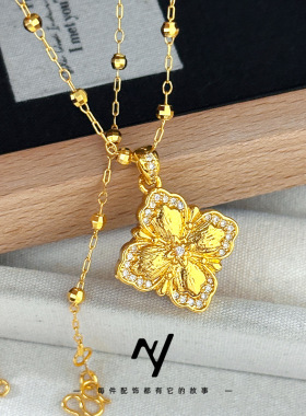 中古意大利拉丝双面点钻四叶草吊坠越南沙金微镶锆石轻奢锁骨链