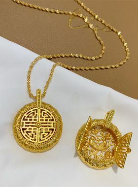 里外一色开窗见喜鹊吊坠越南沙金仿沙金黄金首饰国潮黑绳子项链女