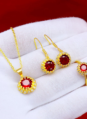 锡金小雏菊宝石足金戒指越南沙金女款宝石微镶镀黄金套装项链耳钉