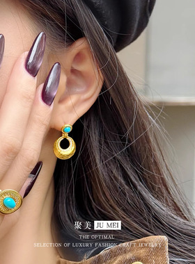 小众复古可摆动越南沙金绿松石耳钉女时尚百搭仿真黄金耳饰送女友