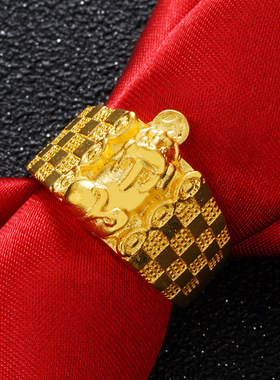 貔貅钱币男款个性饰品镀沙金真金开口沙金男士戒指