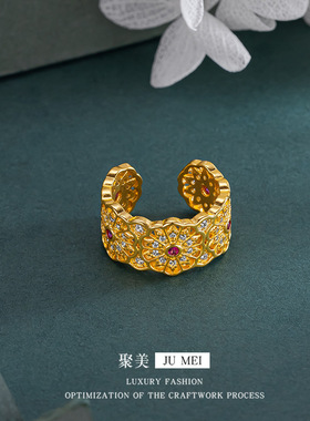 越南沙金宫廷风红微镶雪花窗戒指镶嵌宝石点钻黄金高级感个性指环