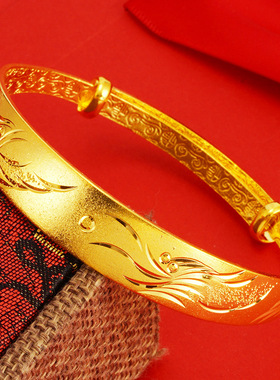 简约12N龙凤越南沙金手镯女 古法钱币花推拉铜镀沙金黄金手环