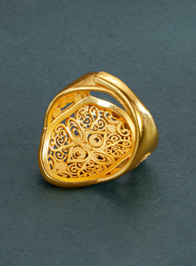 越南沙金宫廷珐琅花丝戒指女夸张大食指戒黄金镶嵌红宝石指环开口