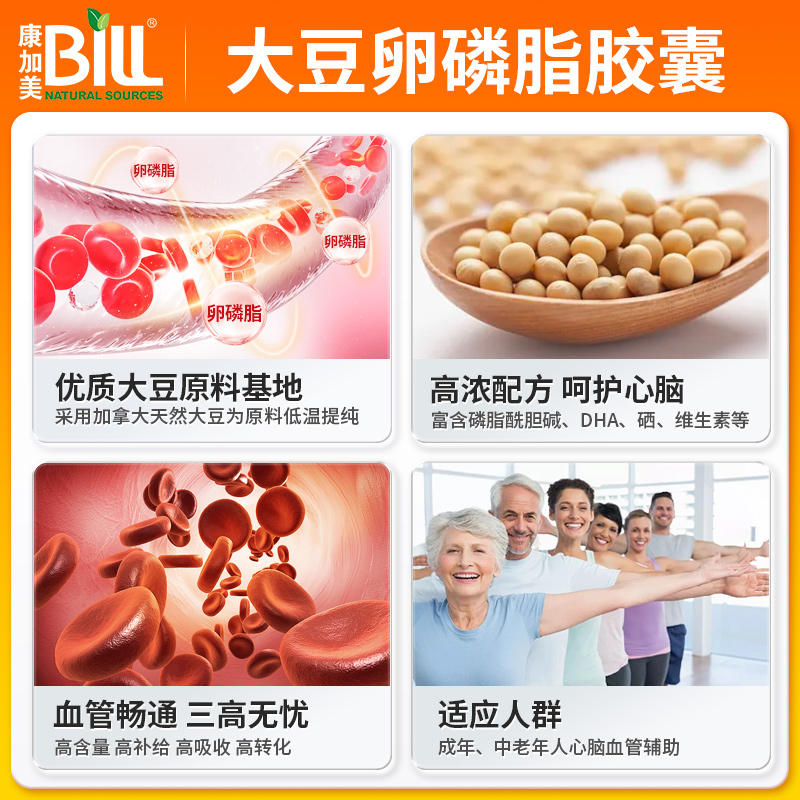 BILL北美大豆卵磷脂软胶囊 天然精纯大豆Natural Lecithin 1000mg - 图1